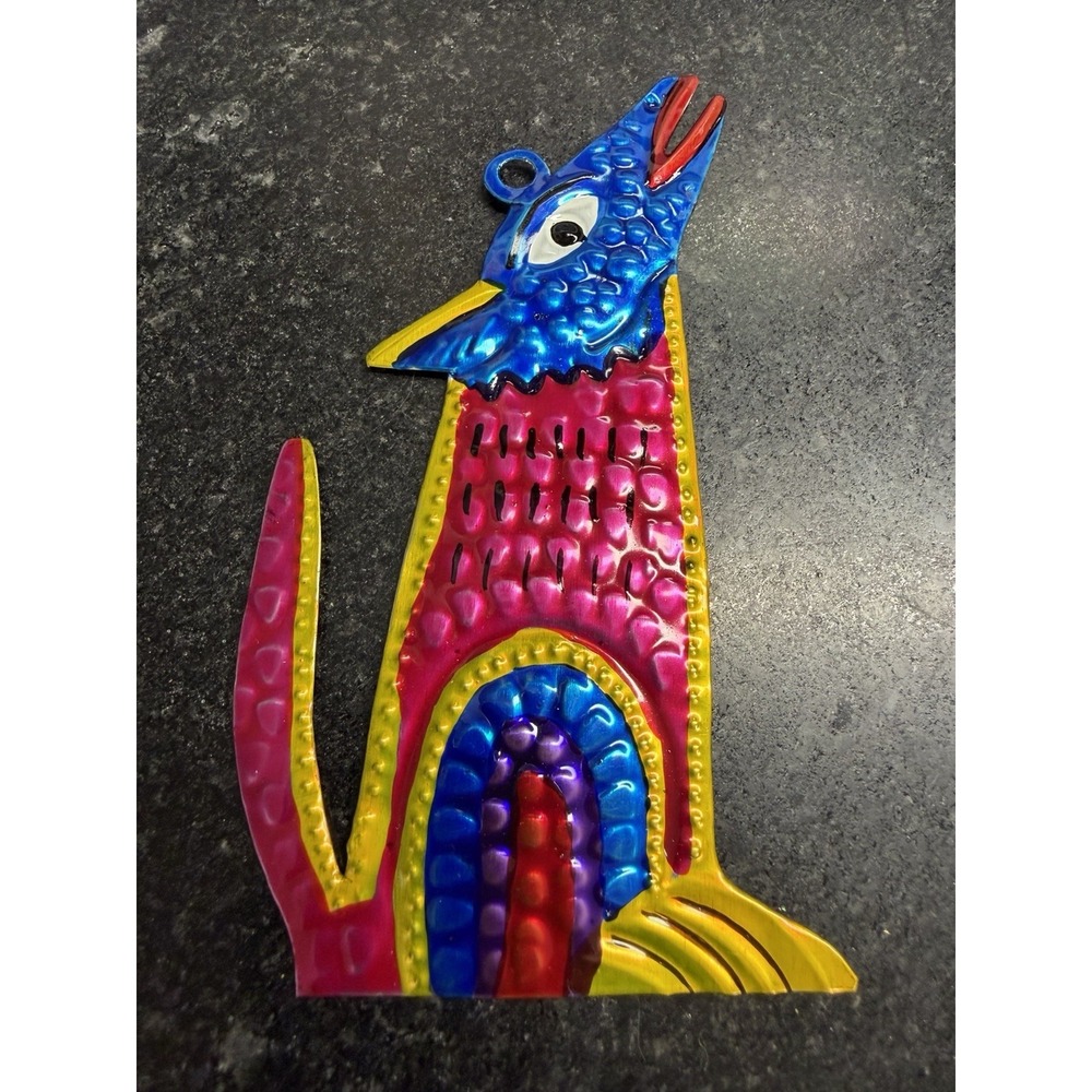 Vintage Mexican Punched Tin Howling Coyote Ornament Hojalata Folk Art Painted 5"